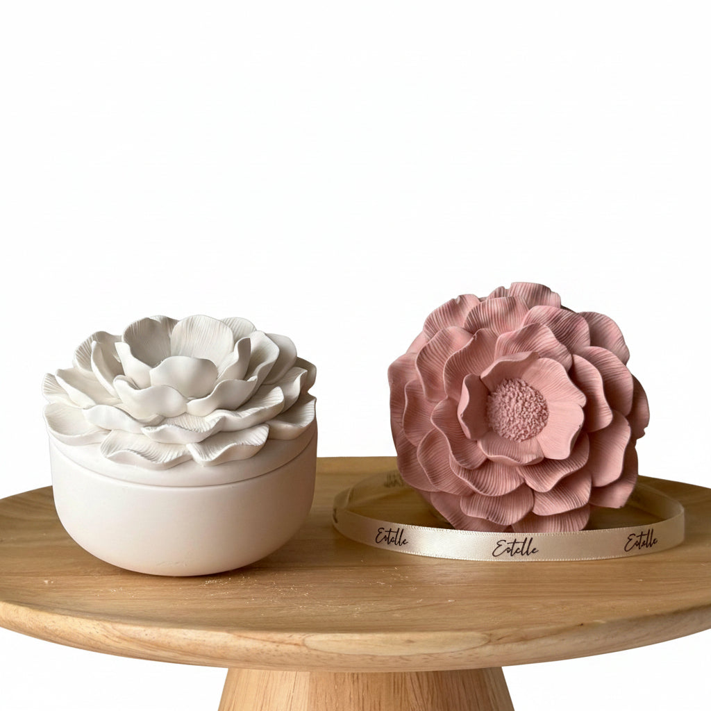 Camelia Flower Soy Wax Candle in Jesmonite Jar: Handmade Scented Candle