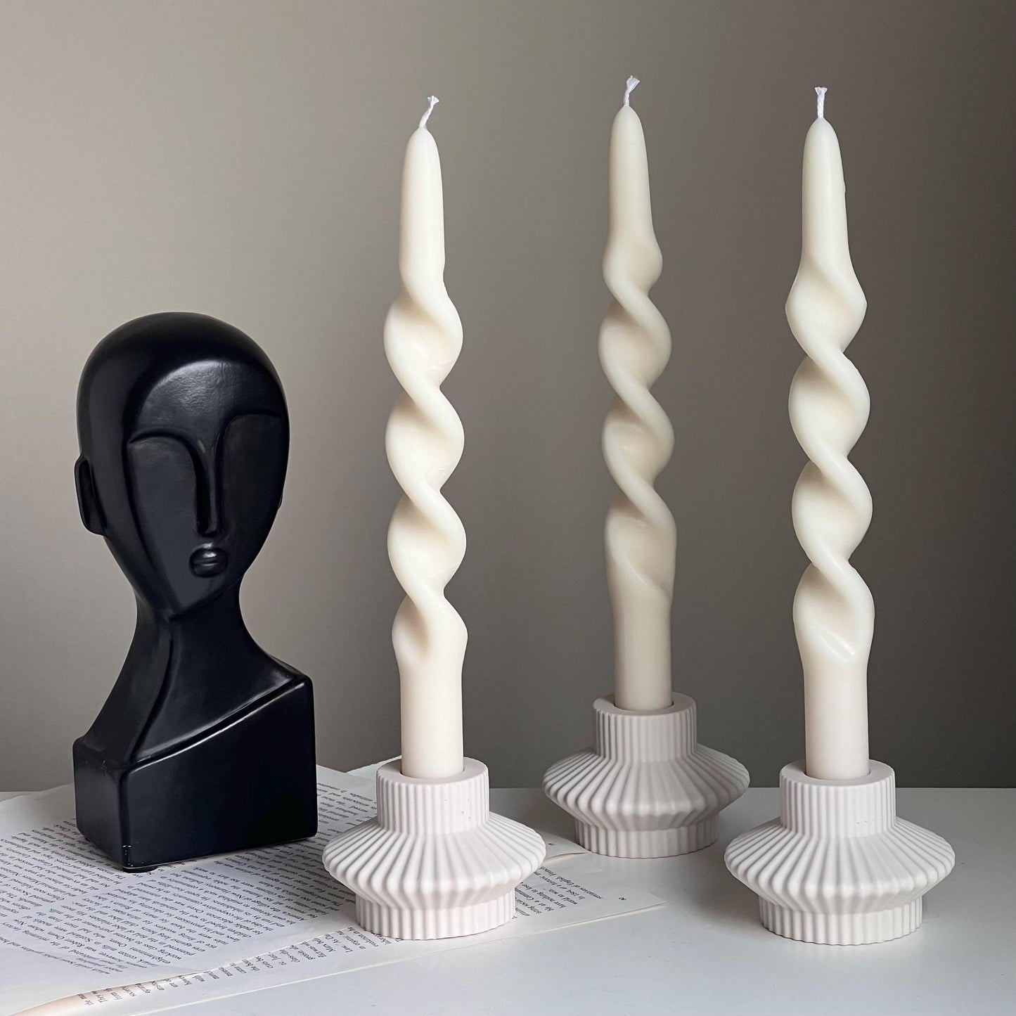 Ribbed Jesmonite Taper Candle Holder: Minimalist Table Decor